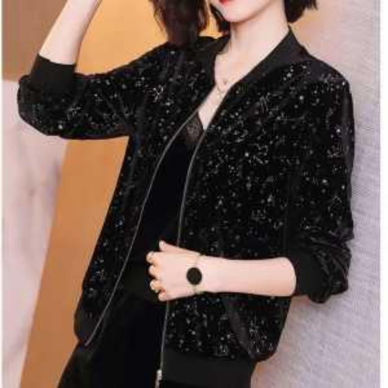 

Plush Velvet Versatile Gold Short Coat for Women Sequin Embroidered Cardigan Baseball Uniform Top for L чорний