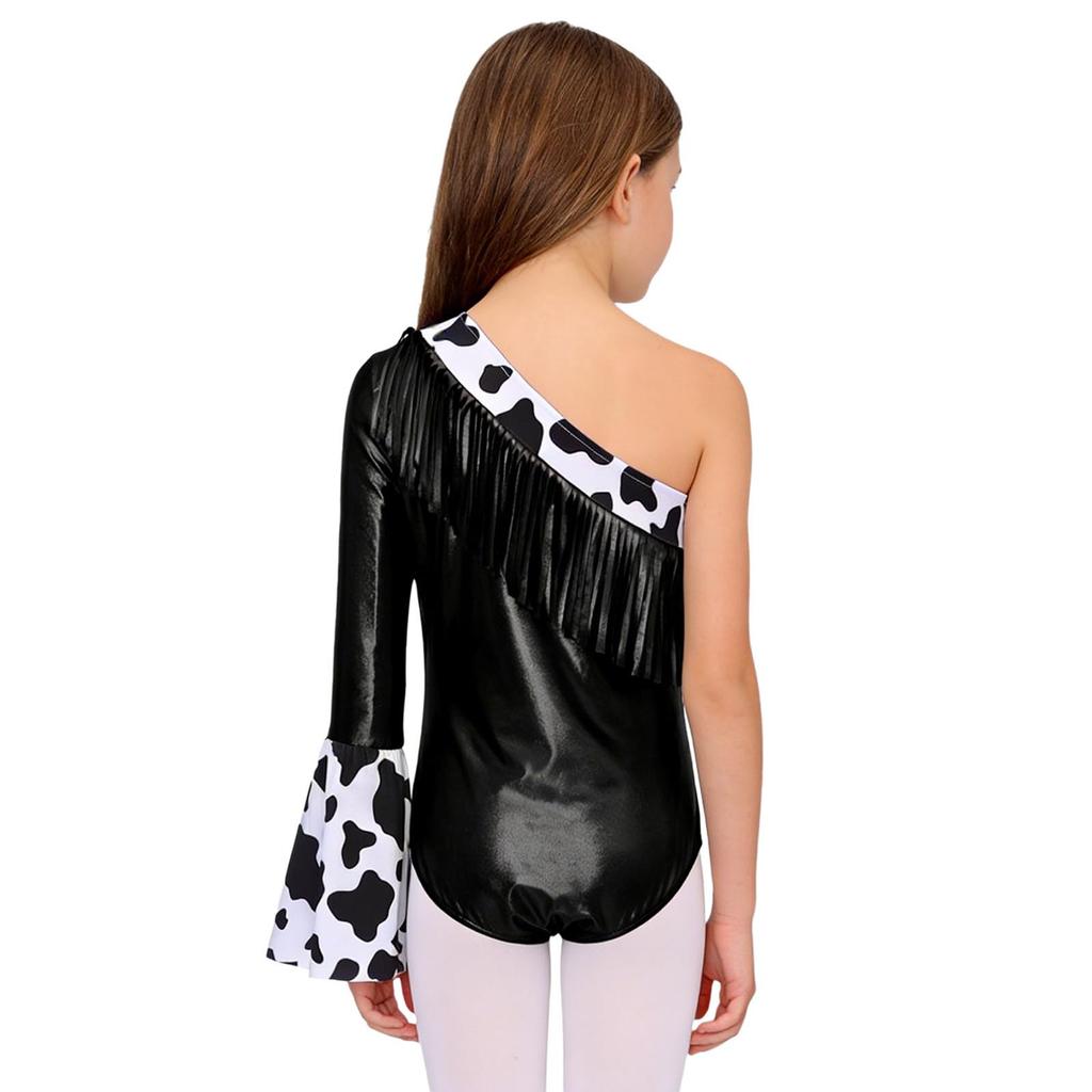 Costume Cowgirl pour Filles Manches Longues Évasées à Gauche Combinaison Métallique Patchwork à Franges Boutons Pression