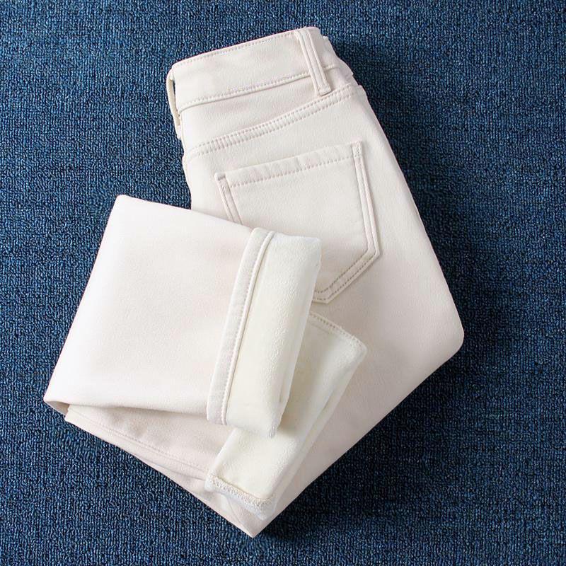 

Весна 2025 Женские джинсы гарем с высокой посадкой на флисовой подкладке цвета экрю White Cropped Fleece Lined