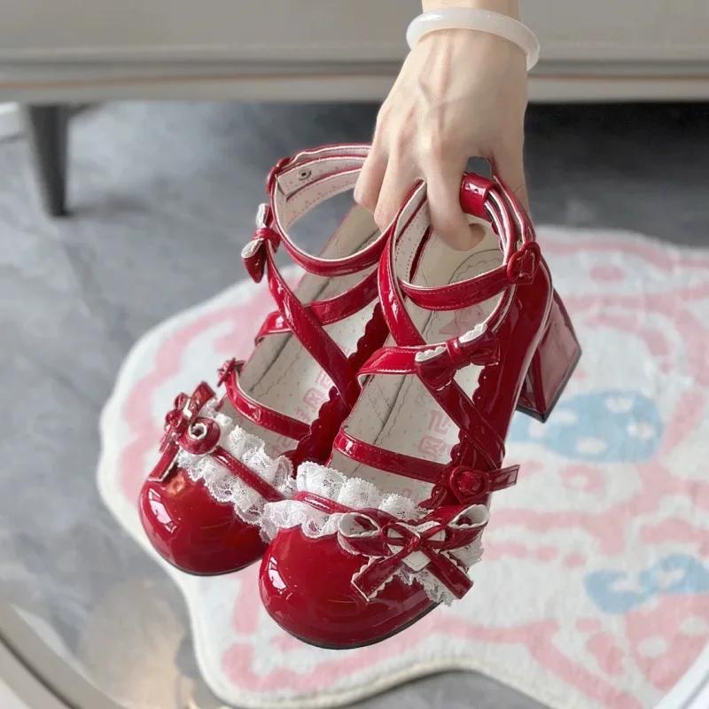 Fashion Lolita Red High Heels Cutelo Shoes Autumn Winter Lace Edging Thick Single Shoes Patent Leather Mary Jane Women's Shoes