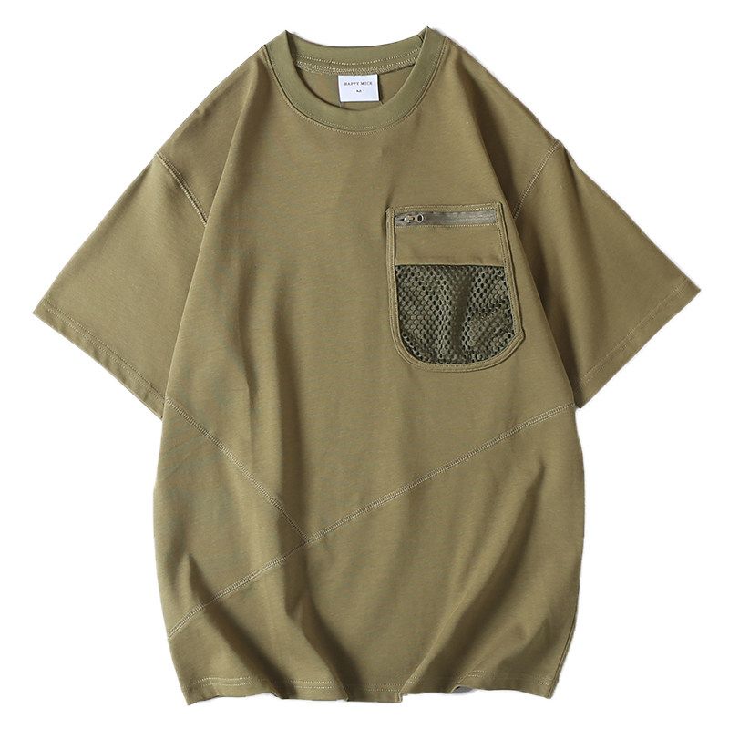 Japanese-Style Pure Cotton Versatile Loose Spliced Short-Sleeve T-Shirt for Men with 3D Cut and Mesh Pockets Casual Half-Sleeve Shirt
