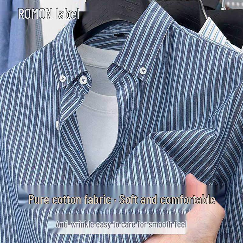ROMON Men s Striped Cotton Linen Short Sleeve Shirt 5XL