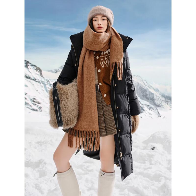 JZ Annaou Women's Plain Black Mid-Length Goose Down Puffer Jacket