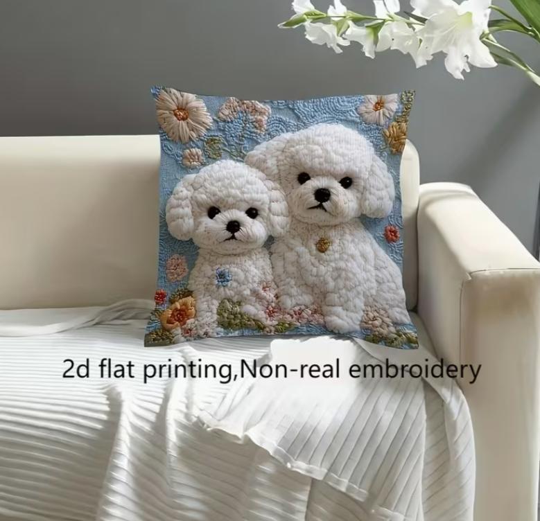 2D Platte Print Bichon Frise Met Bloemen Borduurpatroon Schattige En Warme Stijl Kussensloop, Niet-Echt Borduurwerk Woondecoratie