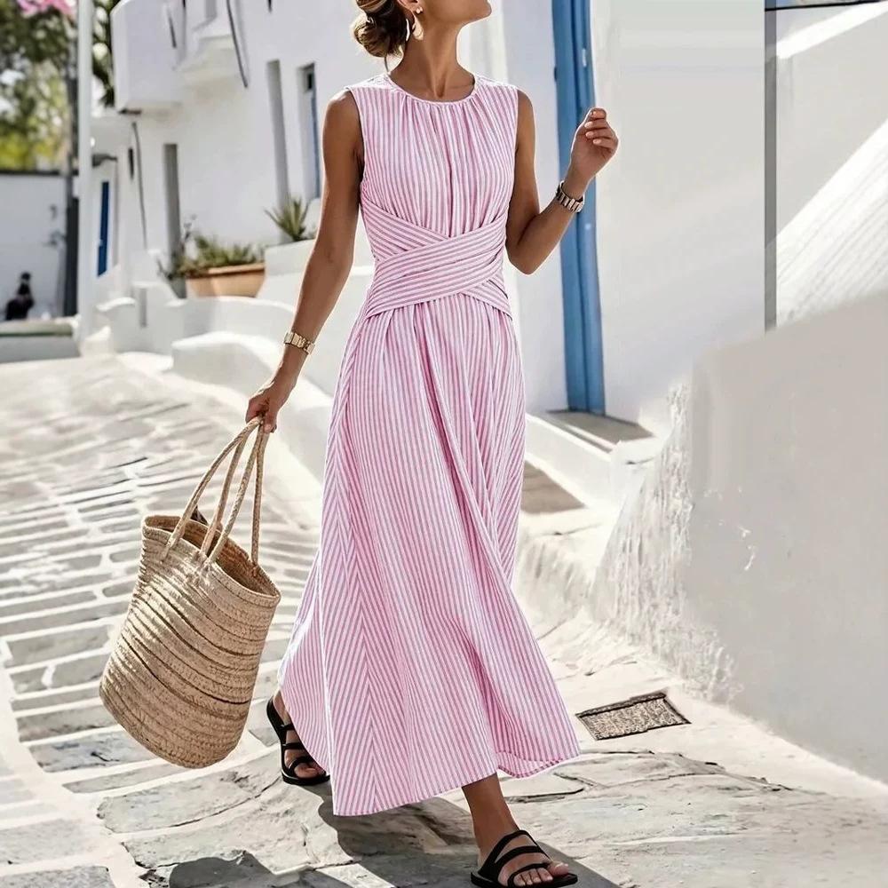 European and American women's sleeveless cross-waist pleated dress Tencel hemp blended minimalist dress