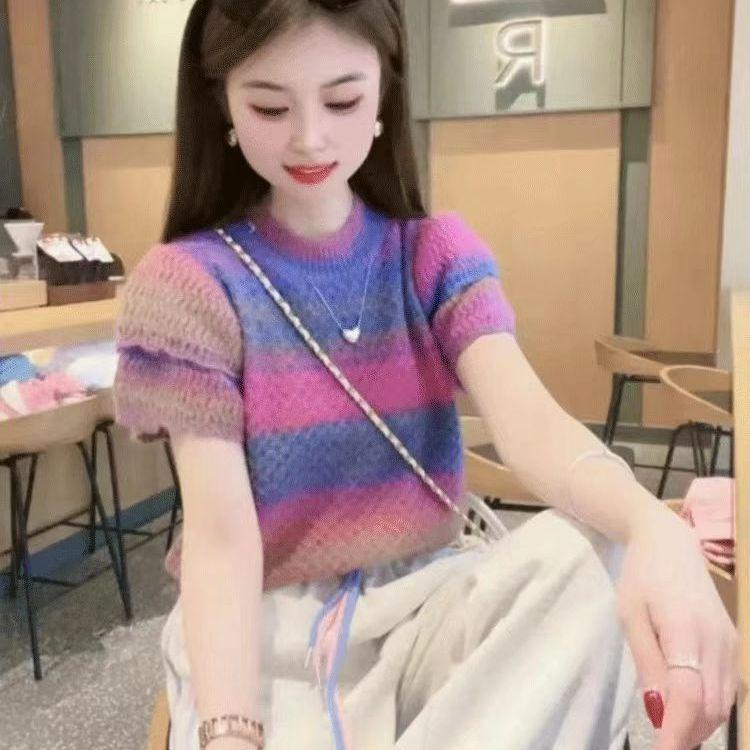 

Summer Ice Silk French Short sleeved T-shirt Striped Knitted Shirt Women s Popular Top XL