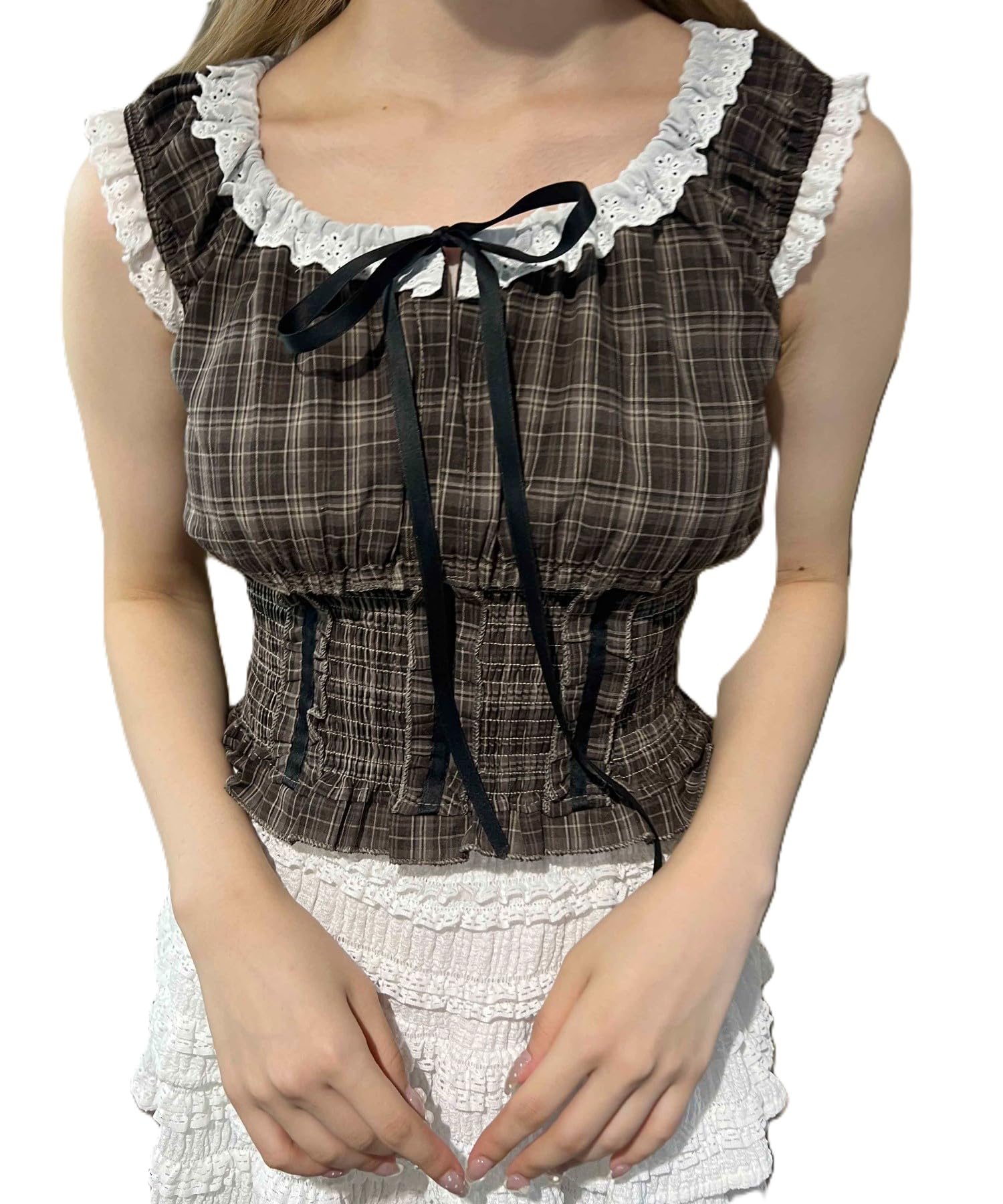 

WEGO PHILLY Ruffle Sleeveless Check Brown Blouse, Women s,