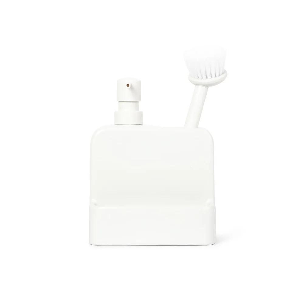 Ceramic Liquid Soap Pump with Built-in Brush Caddy Multi-Purpose Dispenser Kitchen and Bathroom Heavy Duty Easy One-Handed Use