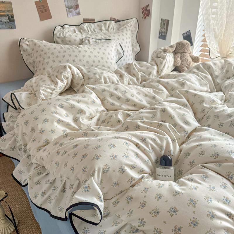 

Комплект постельного белья в корейском стиле с цветочным принтом и оборками из вязаной двойной пряжи размера дабл, кинг, квин, пододеяльник, плоская/простыня на резинке, наволочки King size 4 pcs