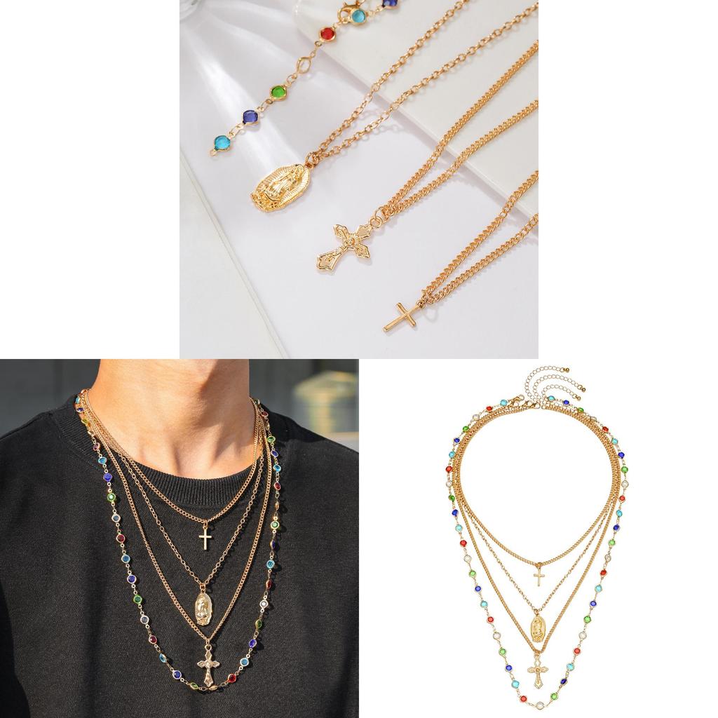 Geometric Cross Pendant Necklace With Tassel And Colorful Crystals For Fashion Forward Men And Women