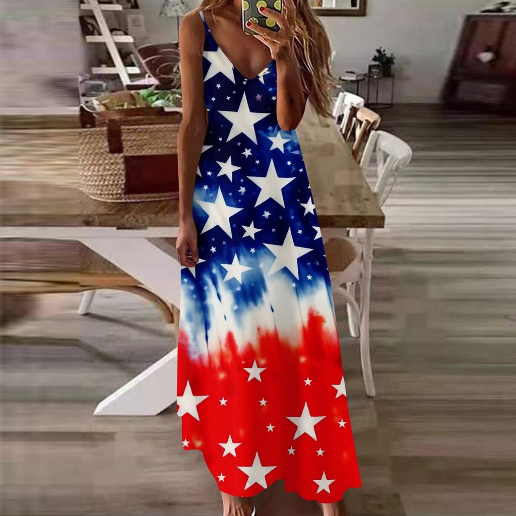 Women's Loose Independence Day Casual Slim V-neck Color Imitation Cotton Fashion Overalls Skirt