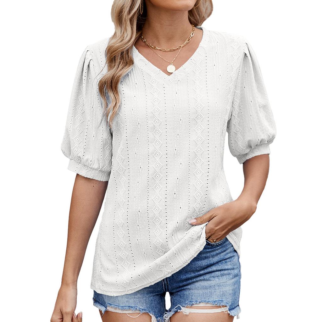 Frühling und Sommer Neues einfarbiges V-Ausschnitt Hohl Kurzarm Casual Damen T-Shirt