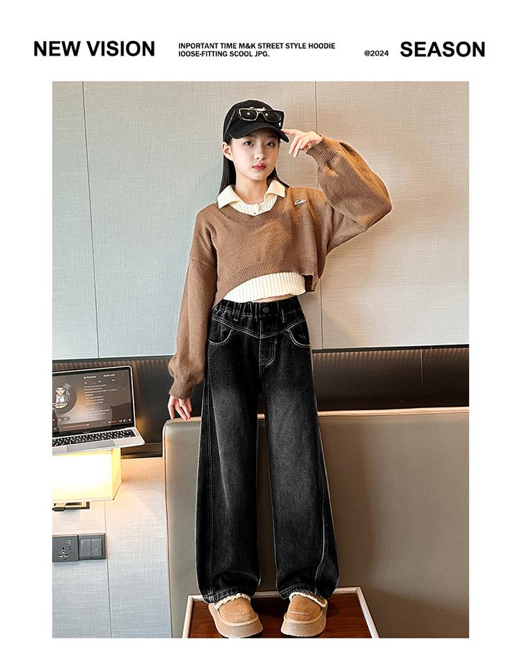 Girls' 2025 Korean Style Fleece-Lined Loose Wide-Leg Winter Jeans for Middle and Big Children