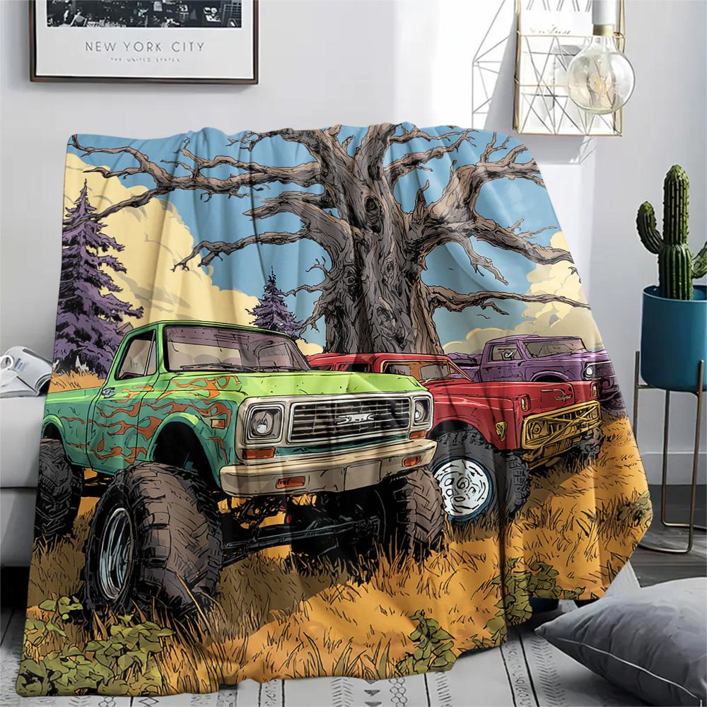 Truck Print Flannel Blanket, High Quality Comfortable for All Seasons, Home Decor, Warmth and Comfort, Perfect for Christmas Gifts