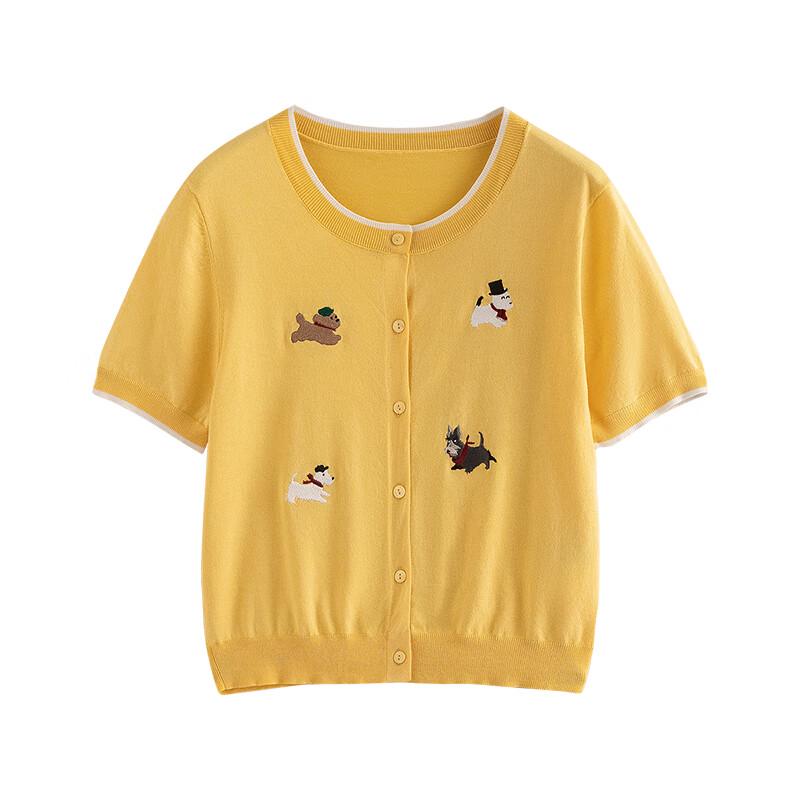 Chuyu Damen Lyocell Hunde-Jacquard Kurzarm-Cardigan