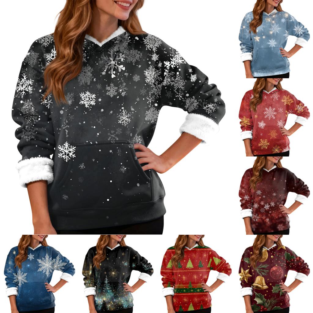 Women's Casual Fashion Plus Velvet Thickened Christmas Print Hooded Sweatshirt