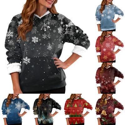 Kadın Rahat Moda Artı Kadife Kalınlaştırılmış Noel Baskılı Kapüşonlu Sweatshirt