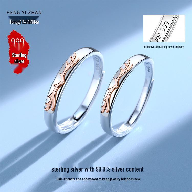One Deer With You: 999 Pure Silver Adjustable Couple Rings for Men and Women - Unique Design Christmas Gift