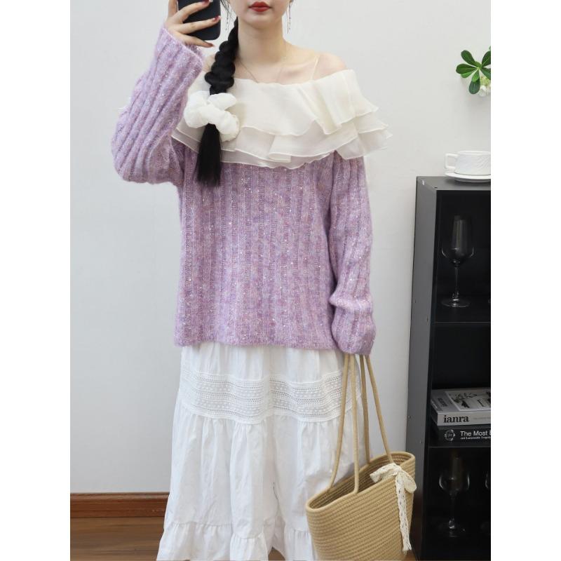 Autumn and winter new models with headrope one-word shoulder ruffle edge knitted sweater top sequined gentle wind sweater pullover woman