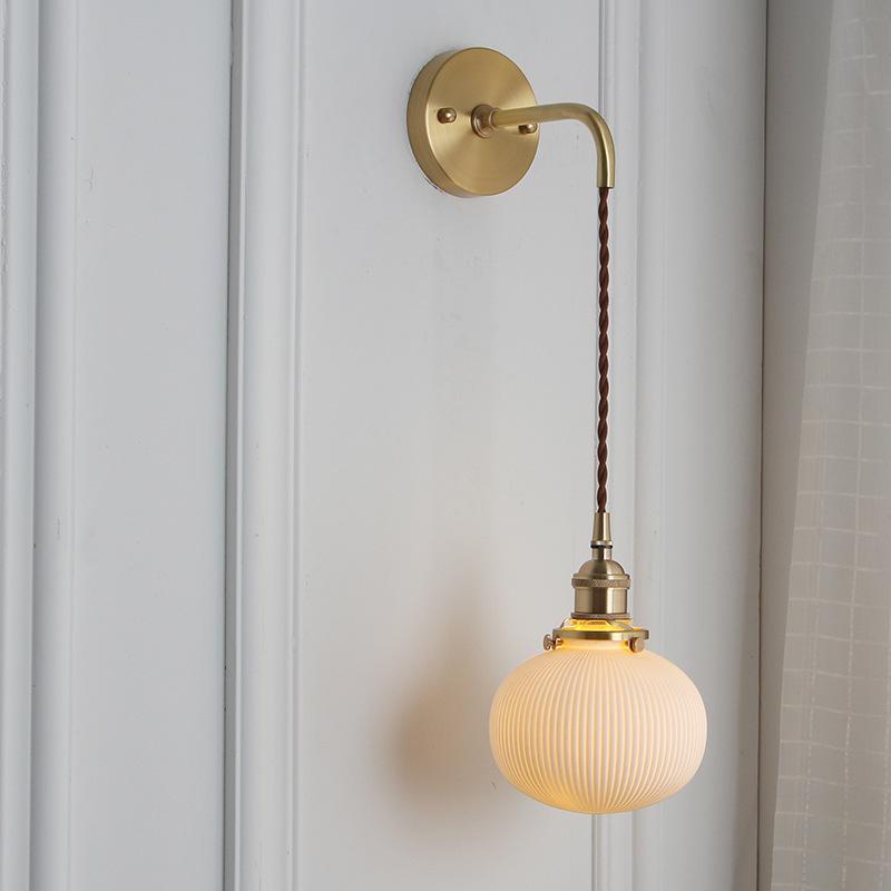 Nordic Inspired Japanese Brass & Pleated Ceramic Pendant Lamp for Restaurant, Bedroom or Dining Table