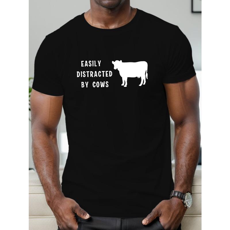 

Easily Distracted By Cows Print Men s Short Sleeve T-Shirts, Comfy Casual Elastic Crew Neck Tops For Men s Outdoor Activities XXXXXL чорний