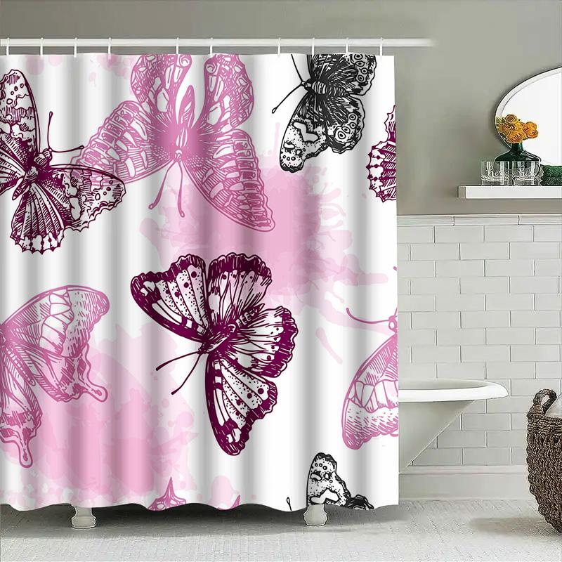 Vintage Butterfly Bath Mat Design Printed Shower Curtain Waterproof Decorative Bathroom Supplies Pink Butterflies Edition