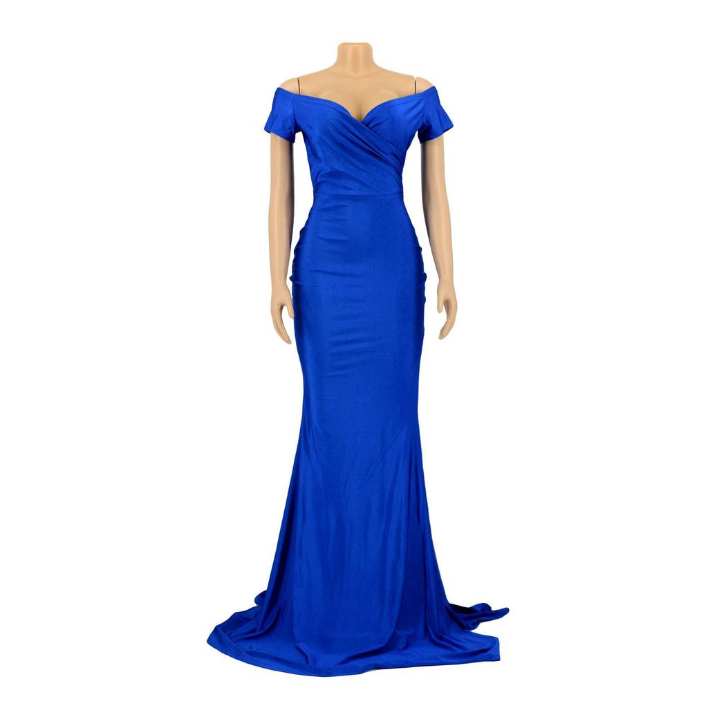 AL243 European and American Women's Sexy V-neck Evening Dress - High Slit, Solid Color, Short Sleeve for Spring/Summer