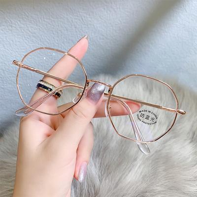 Óculos Art Retro Polígono Anti Luz Azul Armação de Metal Lentes Planas Moda Confortáveis Óculos Transparentes Para Mulheres Homens
