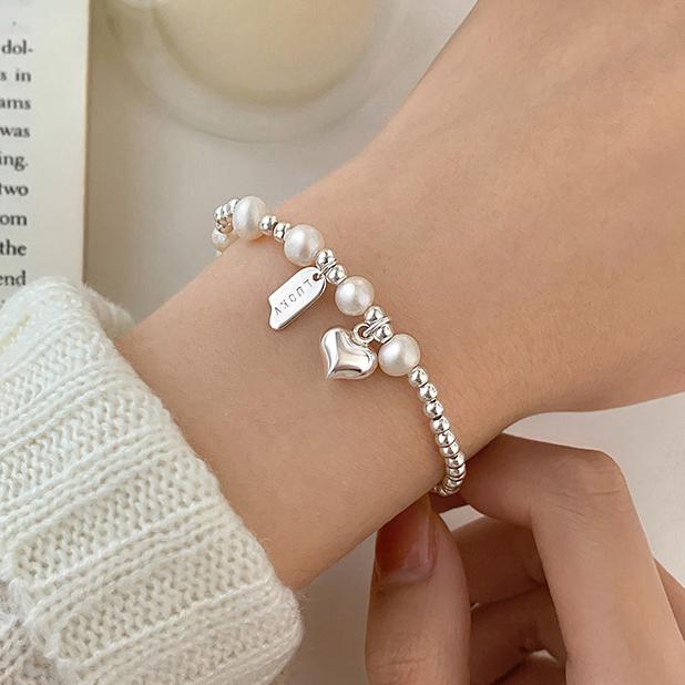 Stříbro ryzosti 925 Perlový korálek Srdce Přívěsek Charm Náramky pro ženy Minimalistické Roztomilé Jemné Šperky Doplňky