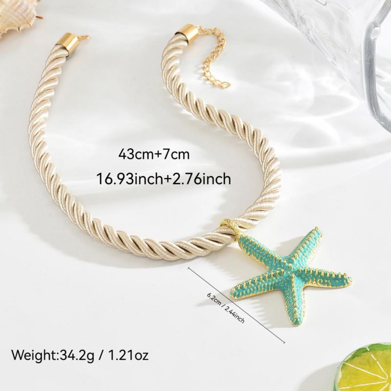 Boho Colorful Metal Oil Drop Big Starfish Pendant Rope Chains Necklace For Women Summer  Jewelry Set Gifts