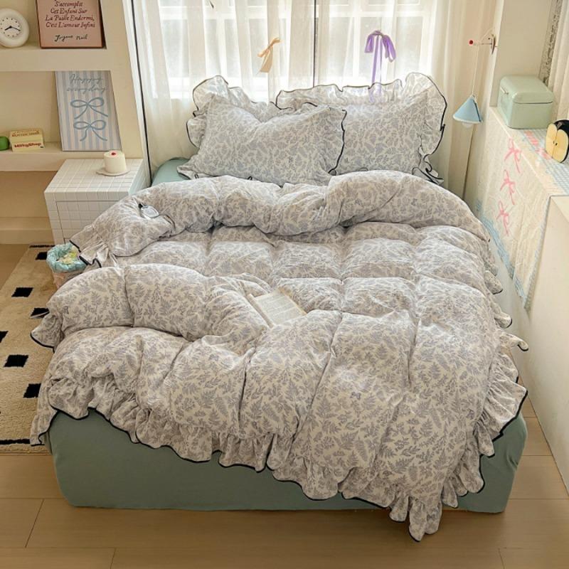 New Cream Lace Girl Powder Grid Korean Version Bed Four-piece Set Washed Cotton Double-layer Yarn Quilt Cover Dormitory