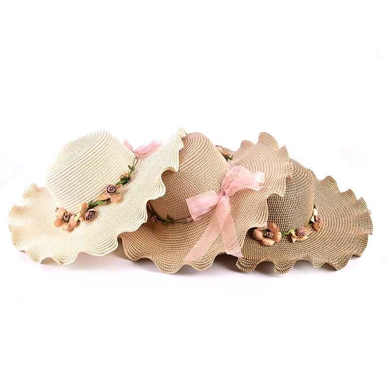 Women Sun Hat Big Wide Brim Beach Handmade Floral Summer Straw Sun Cap