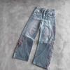 BeatStreet Vintage Cherry Blossom Black Knight Embroidery Jeans Y2k Retro Baggy Straight Denim Pants Blue Wash Jean