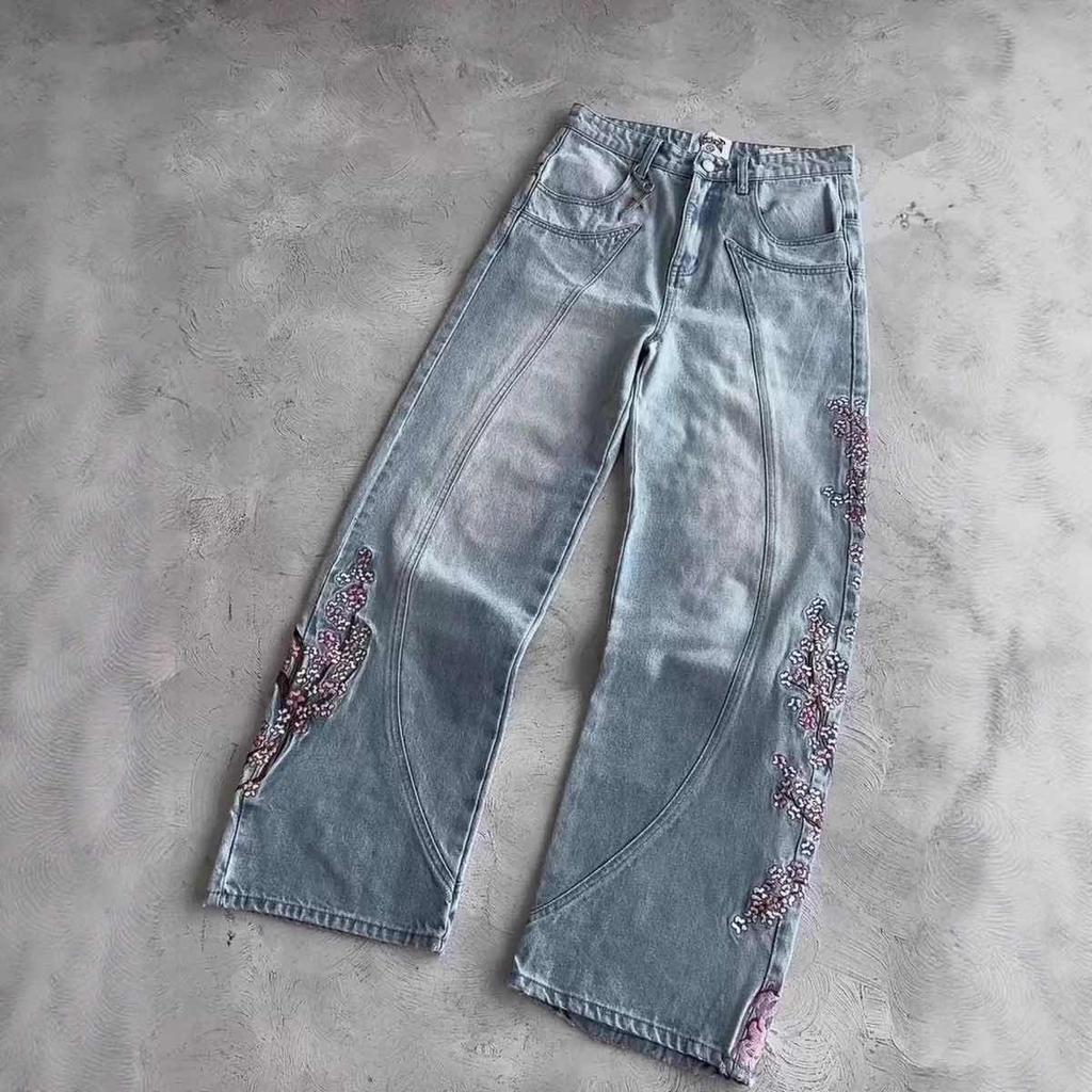 BeatStreet Vintage Cherry Blossom Black Knight Embroidery Jeans Y2k Retro Baggy Straight Denim Pants Blue Wash Jean