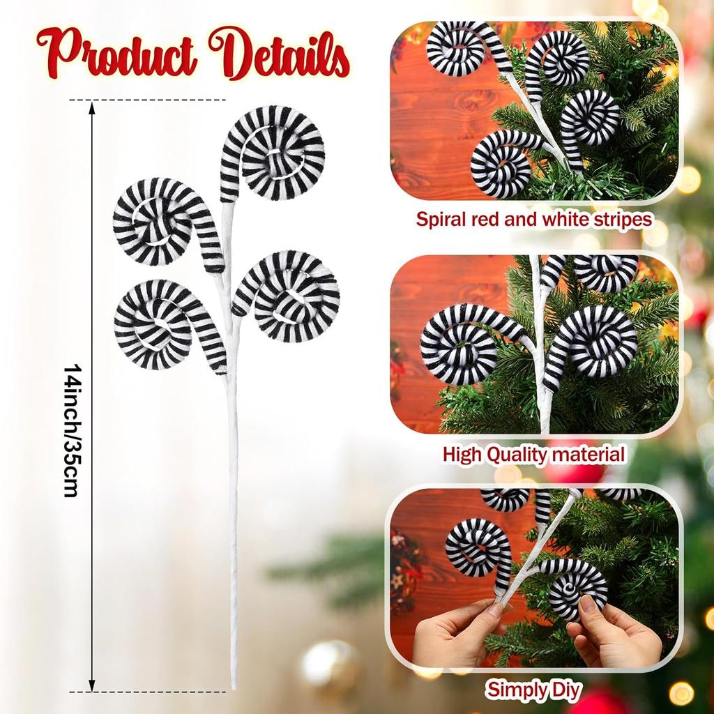 6 Pcs Christmas Tree Picks Decoration Sandworm Decor Woolen Candy Curly Pick Xmas Toppers Branches with Bells for Party Supply