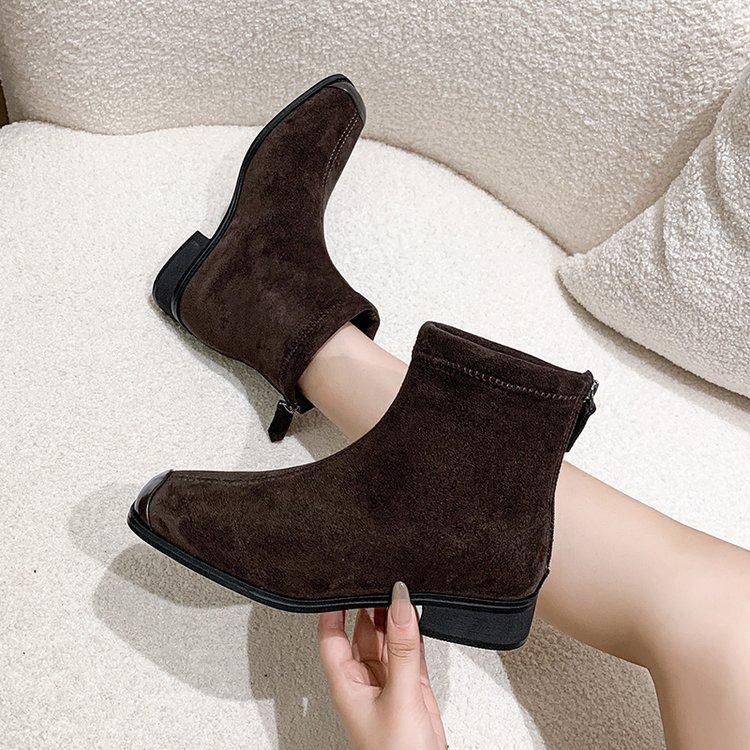 Inner Height-increasing Square Head Short Boots for Women 2025 Autumn and Winter New European and American Style Fashion Versatile Suede Wedge Heel