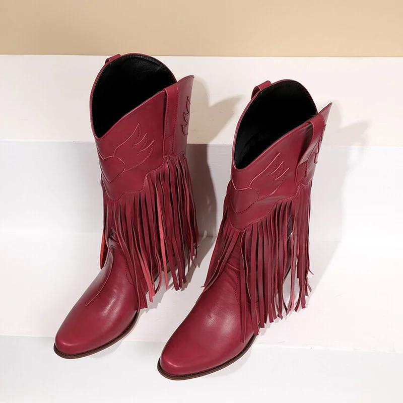 Large Size 45 Women Retro Ethnic Western Cowboy Boots Block Medium Heels Tassel Fringe Kneehigh Boots Lady Winter Shoes