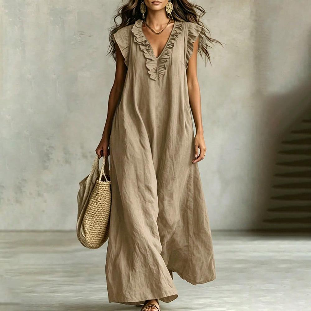 European and American Large Size Bohemian Vacation Long Dress Army Green Ruffle Edge V Neck Loose and Thin Cotton and Linen Sleeveless