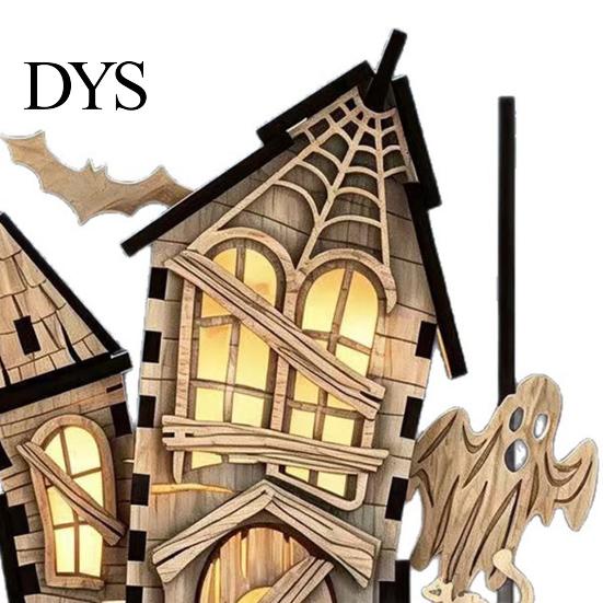 Immersive Lighted Holiday Figurine 3D Halloween Village Haunted House Figurine, Spooky Light Up Wooden Castle Ornament Festival Interior Furnishing