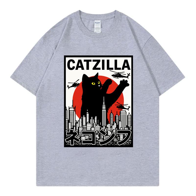 Catzilla Funny Cat Attack Graphic T Shirts Harajuku Japanese Unisexga Short Sleeve Tshirts Unisex Unisex Casual Fashion Loose Tshirt