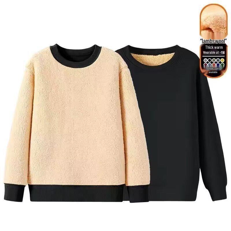 Men's Winter Lambswool Round Neck Hoodie, Thick Warm Solid Color Pullover with Plus Velvet Base Layer.