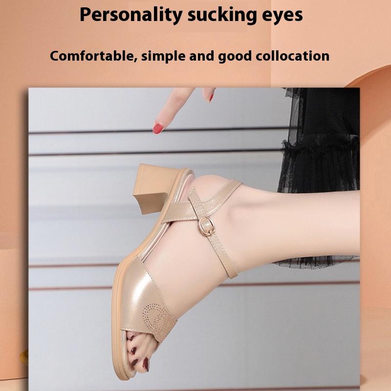 Women's Sandals with Rhinestones for Summer, Comfortable, Middle-aged and Casual, Mid-heeled, Thick-heeled, Fashionable High-heeled Shoes