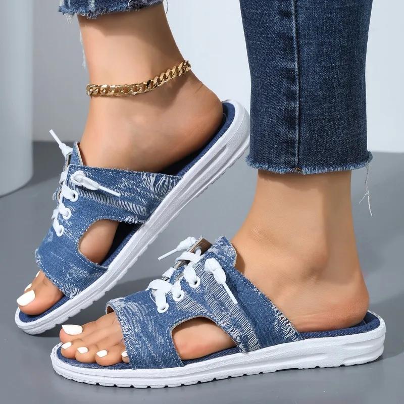 Fashion Women Canvas Sandals Breathable Summer Slippers Lace Up Open Toe Ladies Faux Denim Flat Shoes Zapatos Mujer