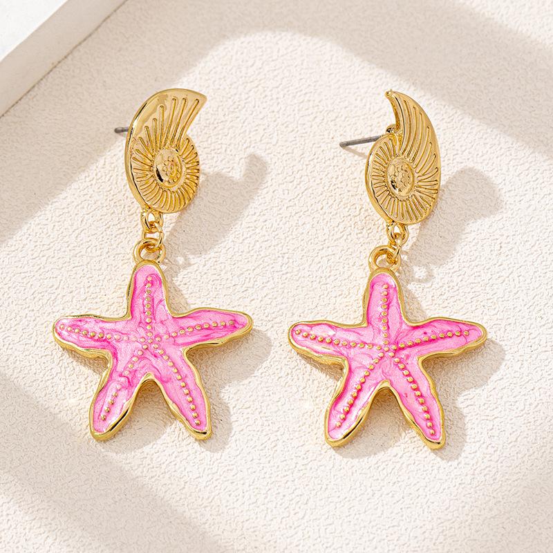 Ocean Style Conch Starfish Earrings Stud for Women Summer Beach Dangle Metal Enamel Earring Girls Party Summer Jewelry Gift