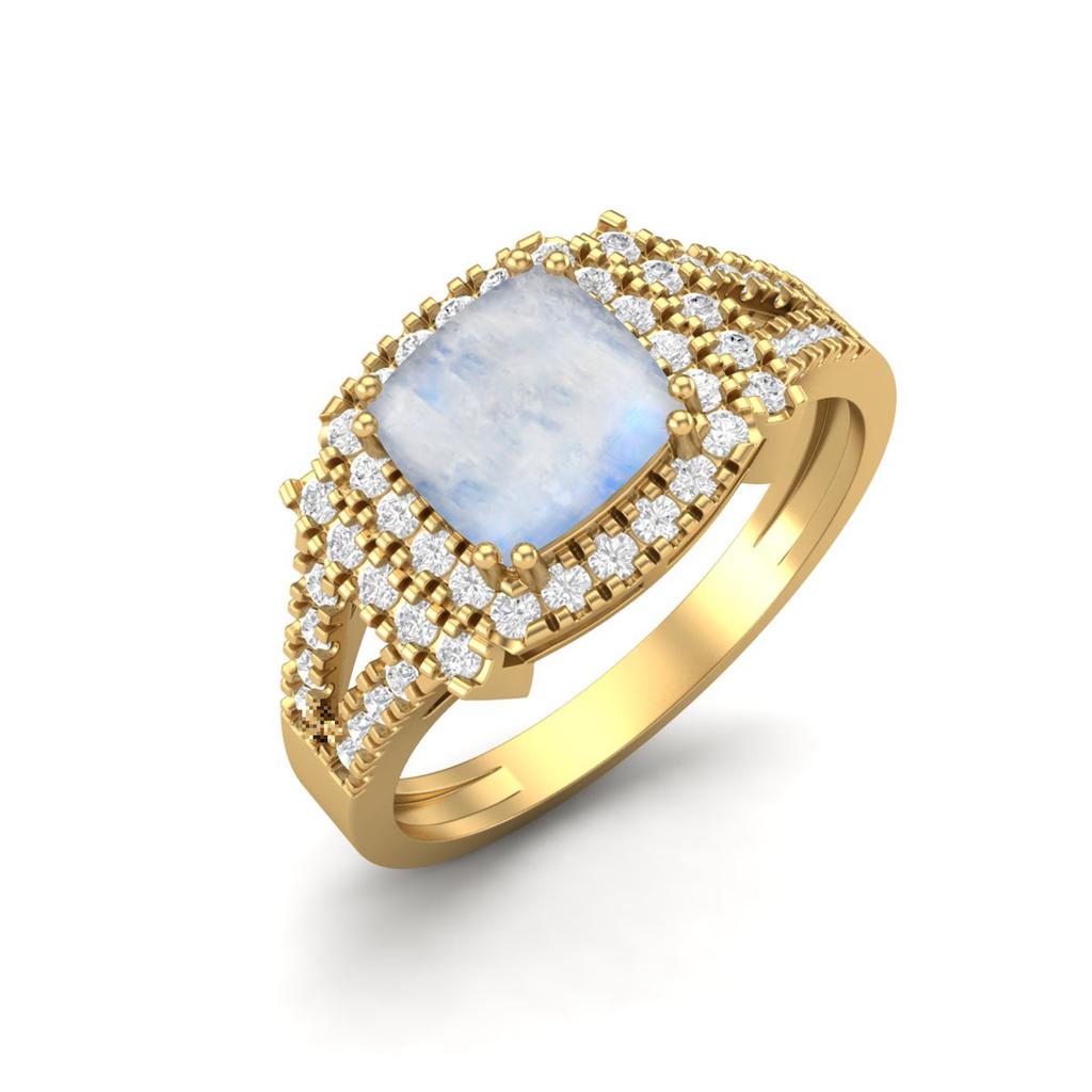 6MM Cushion Natural Moonstone 925 Sterling Silver Gold Vermeil Solitaire with Accent Women Ring