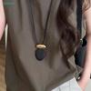 Wooden Oval Sandalwood Pendant Necklace Matte Metal Block Adjustable Leather Rope Sweater Chain