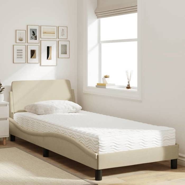 VidaXL Bed with Mattress Cream 90x190 Cm Fabric, Bedroom Furniture, Single Bed, Curved Bed Frame, Slatted Base, Bed 3208309