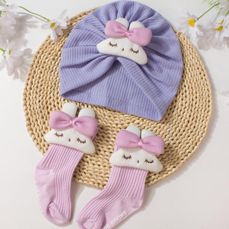 New children's hat set, cute solid color bunny baby stockings, soft hat sock cover