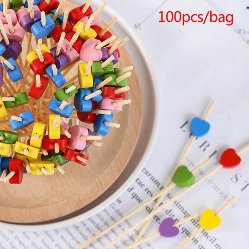 100 ks/sáček bambusové tyčinky na jídlo ve tvaru srdce, bufetové košíčky, ovocné vidličky, dortíky, dezertní tyčinky