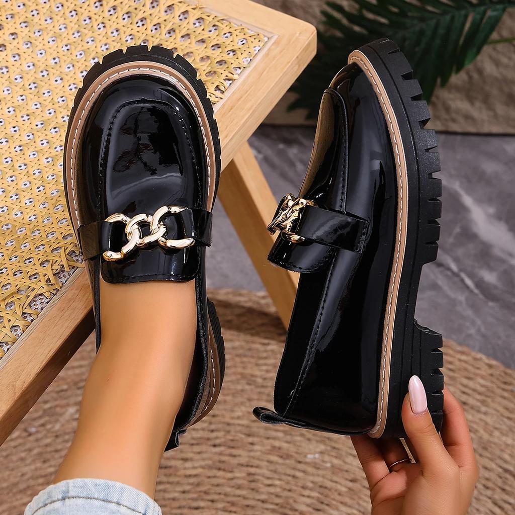 Damskie mokasyny na grubym obcasie, masywne buty codzienne, wiosna jesień, retro płaskie buty damskie, okrągły nosek, zdobione metalem, sneakersy damskie